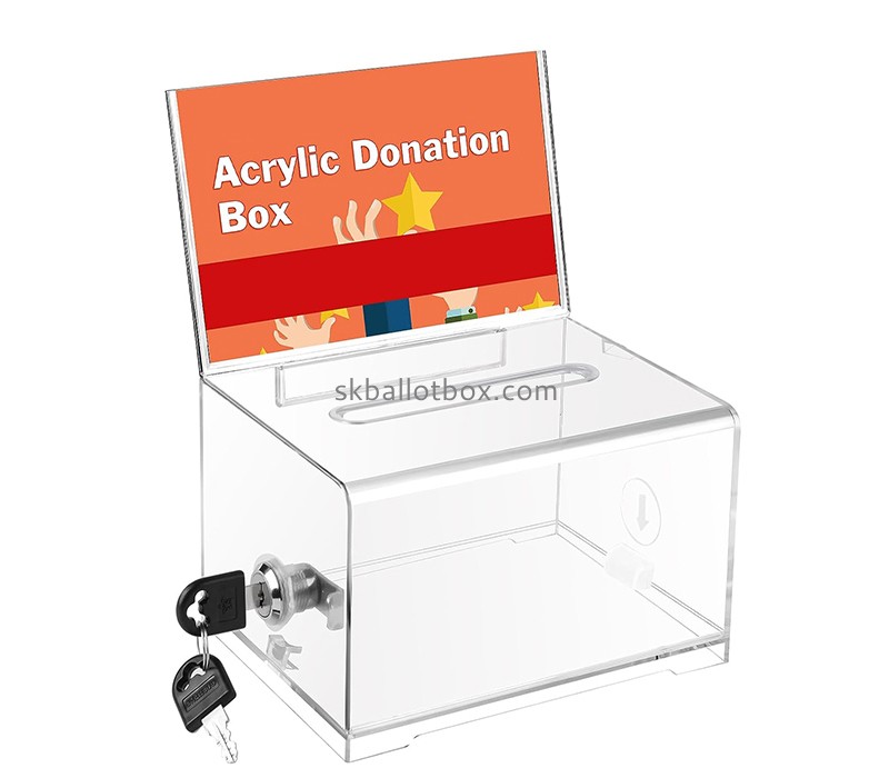 Acrylic box manufacturer custom plexiglass fundraising box with lock and sign holder DB-131